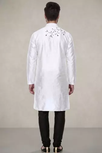 White embroidered dupion silk kurta pyjama