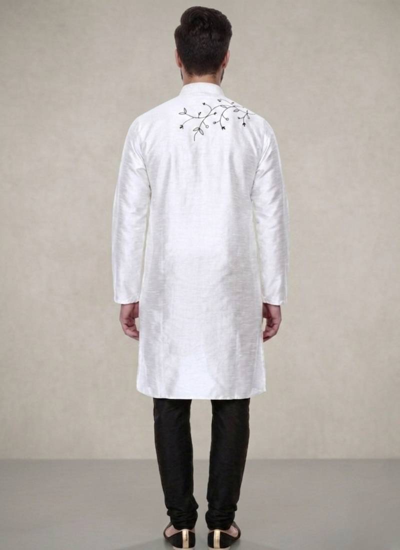 White embroidered dupion silk kurta pyjama