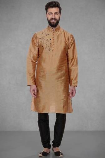 Black embroidered dupion silk kurta pyjama
