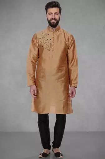Black embroidered dupion silk kurta pyjama