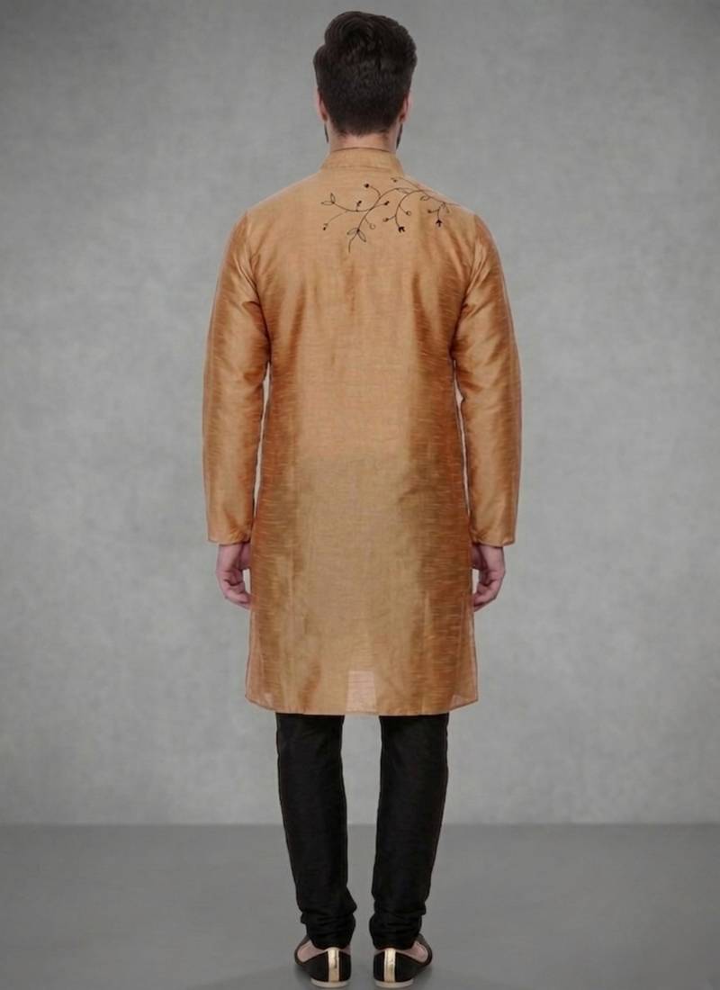Black embroidered dupion silk kurta pyjama