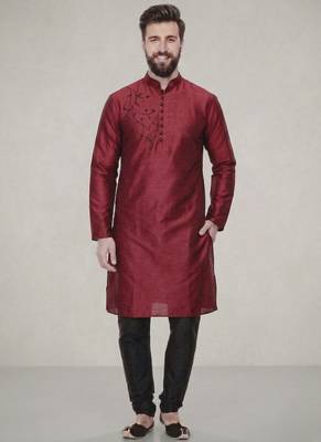 Maroon embroidered dupion silk kurta pyjama 1