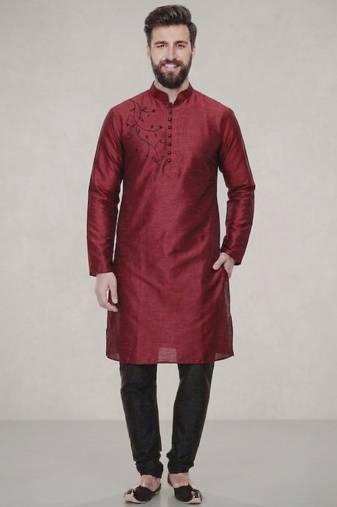Maroon embroidered dupion silk kurta pyjama