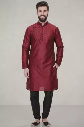 Maroon embroidered dupion silk kurta pyjama