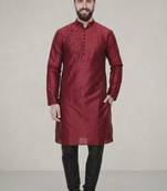 Maroon embroidered dupion silk kurta pyjama