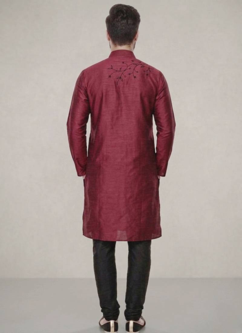 Maroon embroidered dupion silk kurta pyjama