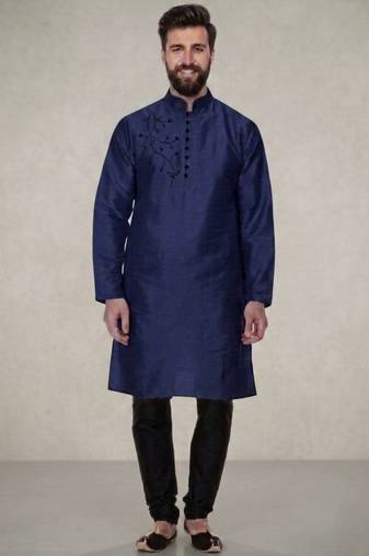 Blue embroidered dupion silk kurta pyjama
