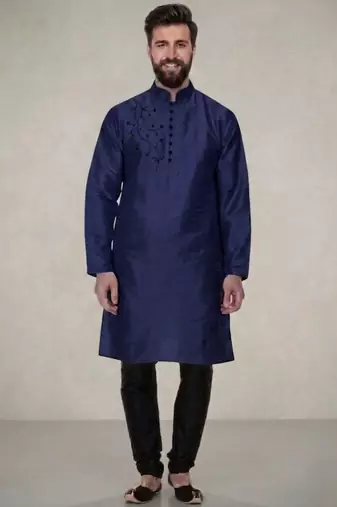 Blue embroidered dupion silk kurta pyjama