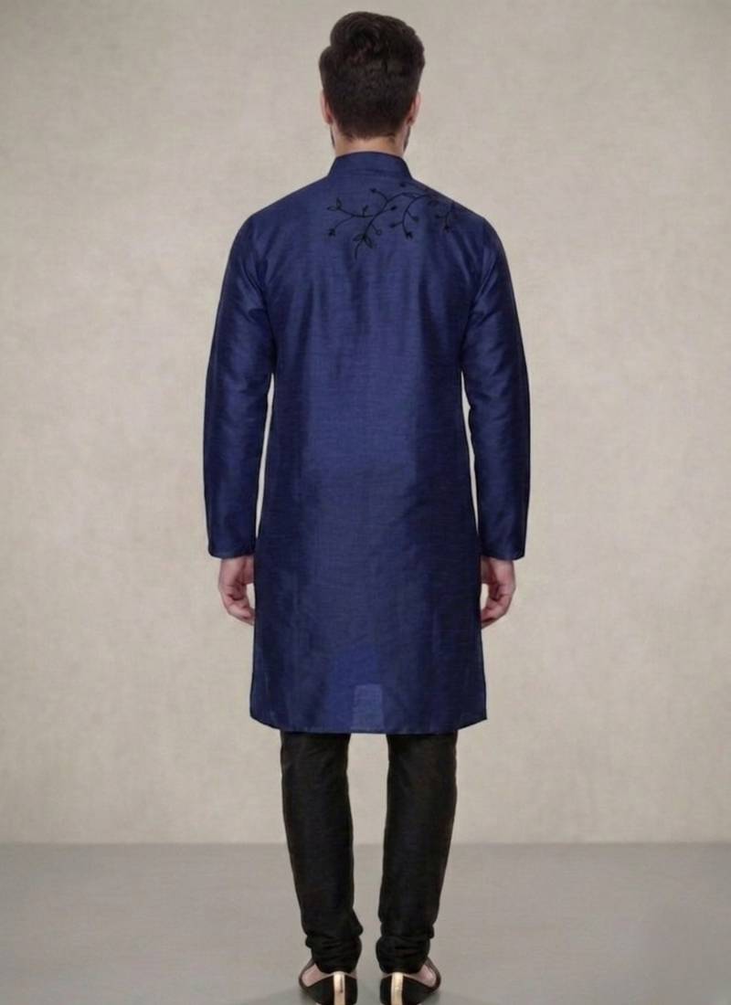 Blue embroidered dupion silk kurta pyjama