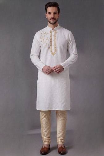 White embroidered dupion silk kurta pyjama