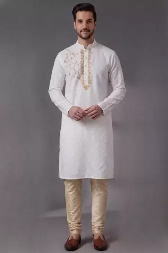 White embroidered dupion silk kurta pyjama