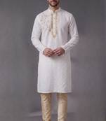 White embroidered dupion silk kurta pyjama