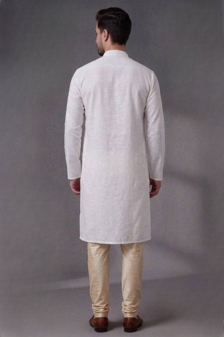 White embroidered dupion silk kurta pyjama