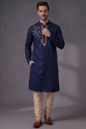 Blue embroidered dupion silk kurta pyjama