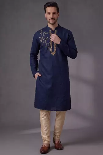 Blue embroidered dupion silk kurta pyjama