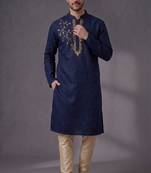 Blue embroidered dupion silk kurta pyjama