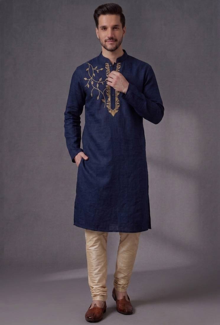 Blue embroidered dupion silk kurta pyjama