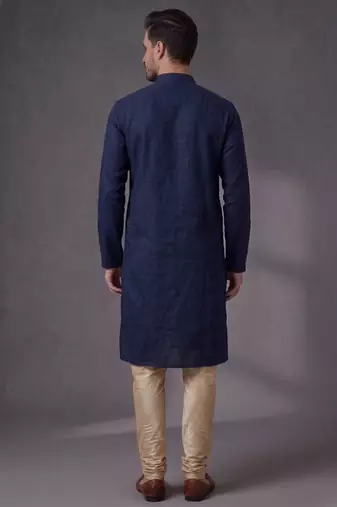 Blue embroidered dupion silk kurta pyjama