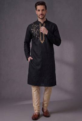 Black embroidered dupion silk kurta pyjama 1
