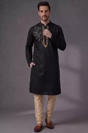 Black embroidered dupion silk kurta pyjama