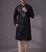 Black embroidered dupion silk kurta pyjama
