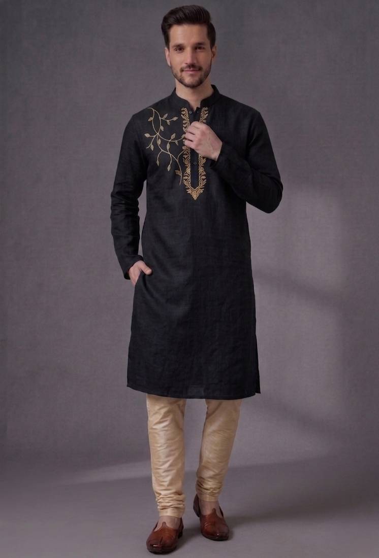 Black embroidered dupion silk kurta pyjama