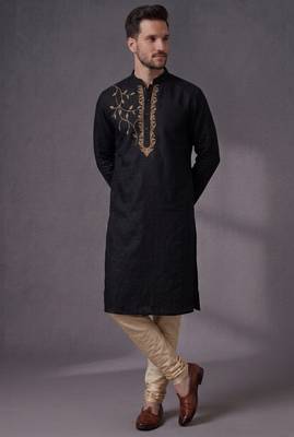 Black embroidered dupion silk kurta pyjama 2
