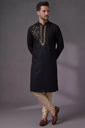 Black embroidered dupion silk kurta pyjama