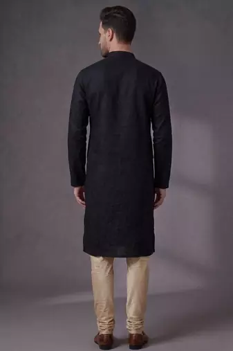 Black embroidered dupion silk kurta pyjama