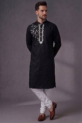 Black embroidered dupion silk kurta pyjama 1