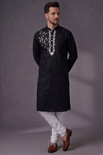 Black embroidered dupion silk kurta pyjama