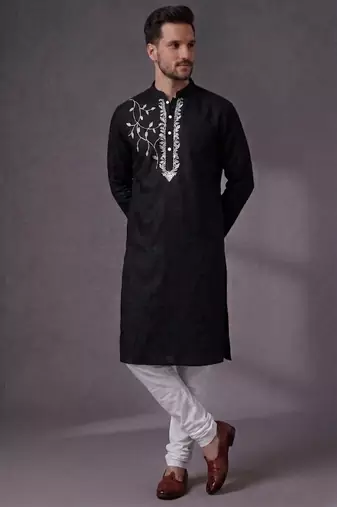 Black embroidered dupion silk kurta pyjama
