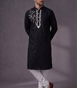 Black embroidered dupion silk kurta pyjama