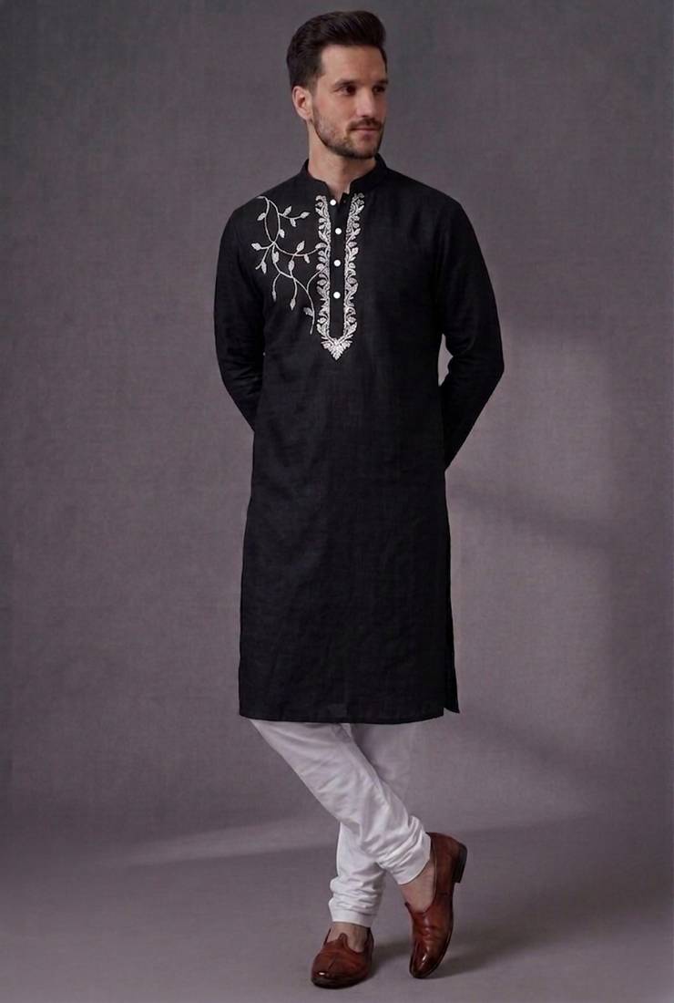 Black embroidered dupion silk kurta pyjama
