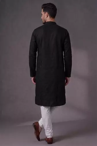 Black embroidered dupion silk kurta pyjama