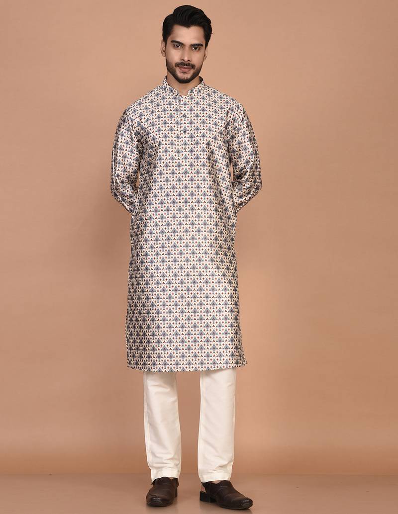 Men's printed straight silk kurta