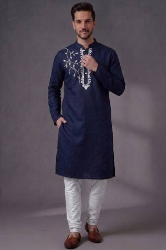 Blue embroidered dupion silk kurta pyjama