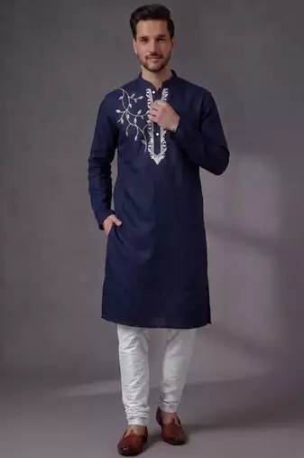 Blue embroidered dupion silk kurta pyjama