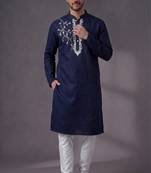 Blue embroidered dupion silk kurta pyjama