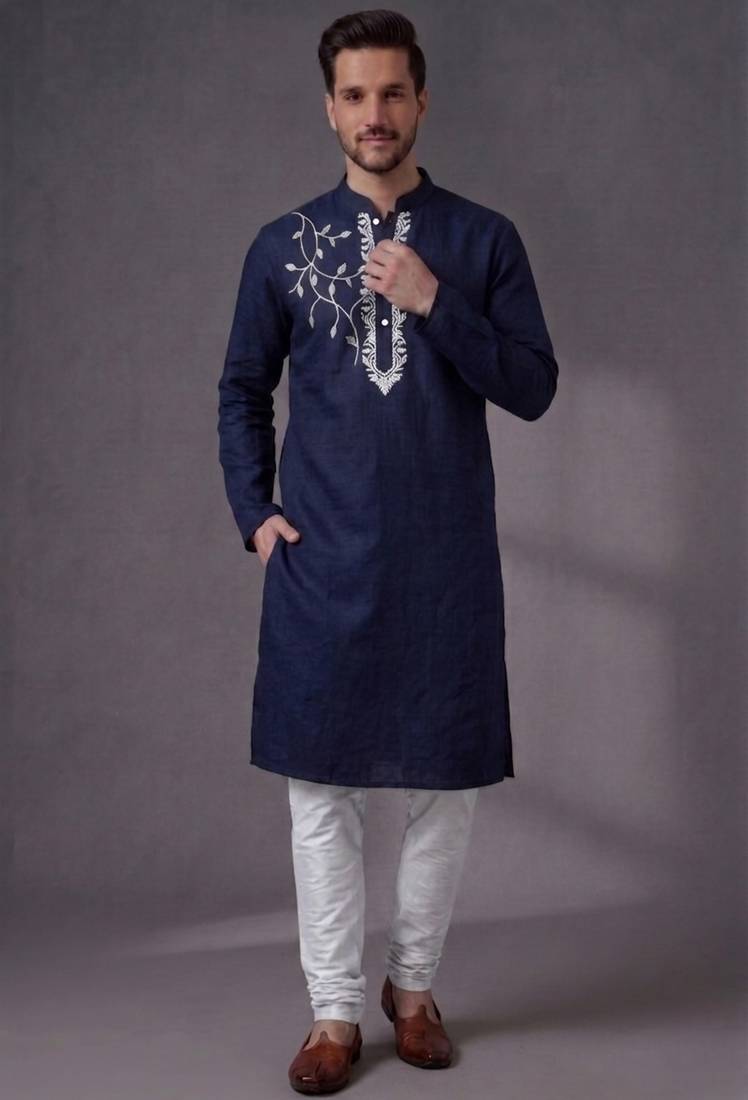 Blue embroidered dupion silk kurta pyjama