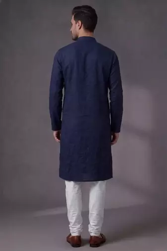 Blue embroidered dupion silk kurta pyjama