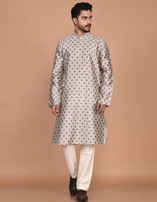 Men's printed straight silk kurta 4