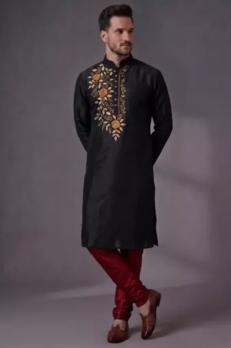 Black embroidered dupion silk kurta pyjama