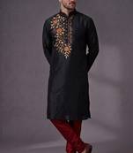 Black embroidered dupion silk kurta pyjama