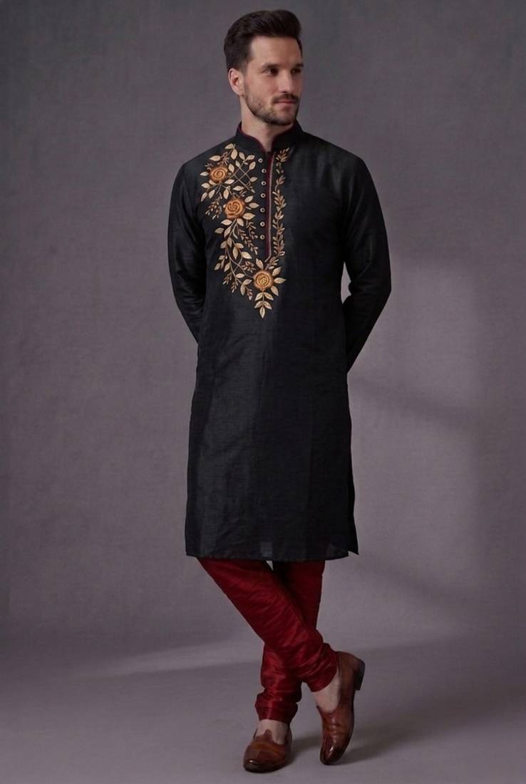 Black embroidered dupion silk kurta pyjama