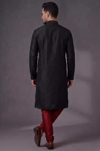 Black embroidered dupion silk kurta pyjama