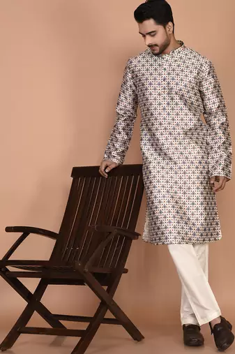 Men's printed straight silk kurta