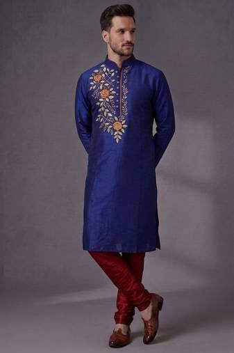 Blue embroidered dupion silk kurta pyjama