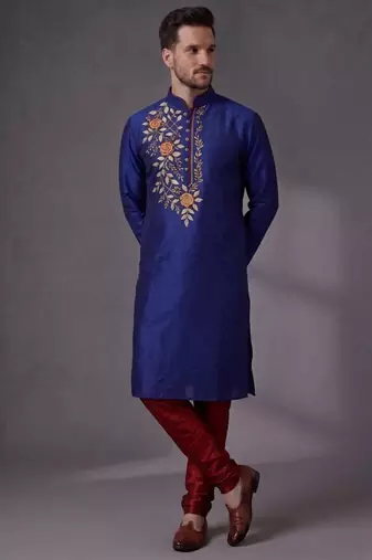 Blue embroidered dupion silk kurta pyjama