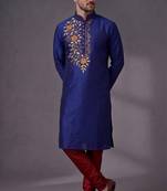 Blue embroidered dupion silk kurta pyjama